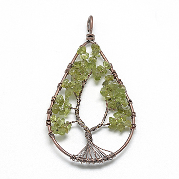 Natural Chip Olive Quartz Big Pendants, with Brass Wires, Teardrop & Tree, Red Copper, 78~81x40~43x5~10mm, Hole: 4.5mm