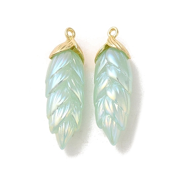 Rainbow Iridescent Plating Resin Pendants, Glitter Leaf Charms with Golden Plated Alloy Findings, Aquamarine, 35x11x8mm, Hole: 1.6mm