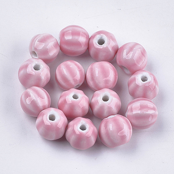 Handmade Porcelain Beads, Bright Glazed Porcelain, Round, Pink, 11~12x10~11x10~10.5mm, Hole: 2~2.5mm