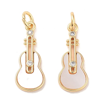 Brass Micro Pave Clear Cubic Zirconia Pendants, with Shell, with Jump Rings, Guitar, Real 18K Gold Plated, 20x8x2mm, Hole: 3mm