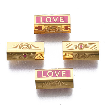 316 Surgical Stainless Steel Beads, with Enamel, Hexagon with Word Love, Real 14K Gold Plated, 11x6x6mm, Hole: 2mm
