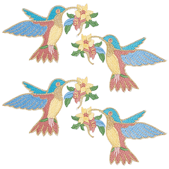 4Pcs 2 Style Polyester Computerized Embroidery Cloth Iron on/Sew on Patches, with Adhesive Back, Costume Accessories, Appliques, Hummingbird, Colorful, 61x93x1.2mm, 2pcs/style