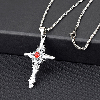 Cross Alloy Rhinestone Pendant Necklaces for Men, Platinum, Hyacinth, 23.62 inch(60cm)