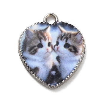 Alloy Pendant, Heart with Cat, Platinum, White, 21x18x2.5mm, Hole: 2mm