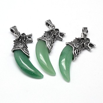 Antique Silver Zinc Alloy Natural Green Aventurine Big Pendants, Tusk Shape with Wolf, Lead Free & Nickel Free, 53~57x23x10mm, Hole: 4.5x8mm