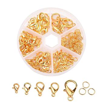 Alloy Lobster Claw Clasps and Jump Rings Set, Golden, Clasps: 10~20.5x6~13x3.5~5.5mm, Hole: 1~2mm, about 70pcs/box, Jump Rings: 6x1mm, about 40~50pcs/box