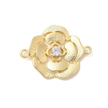 Brass Pave Glass Connector Charms, Flower Links, Real 18K Gold Plated, Clear, 17x22.5x3mm, Hole: 1.4mm