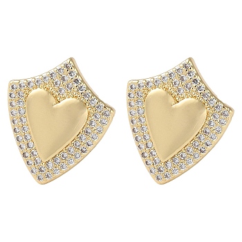 Rack Plating Brass Micro Pave Cubic Zirconia Stud Earrings, Heart Shield, Real 16K Gold Plated, 17x14mm