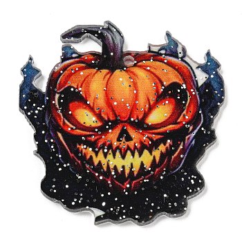 Halloween Themed Double-sided Printed Acrylic Pendants, Orange, Pumpkin, 44x44x2mm, Hole: 1.6mm