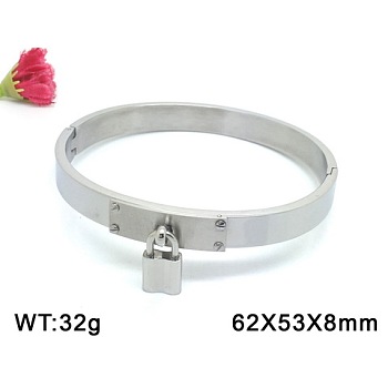 304 Stainless Steel Lock Charm Bangles, Stainless Steel Color, 62x53mm