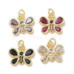Brass Micro Pave Cubic Zirconia Pendants, Butterfly Charms, Rack Plating, Long-Lasting Plated, Cadmium Free & Lead Free, Real 18K Gold Plated, Mixed Color, 14x16.5x3.5mm, Hole: 3.5mm(KK-L268-027G)