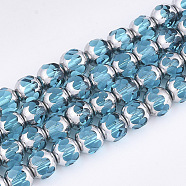 Electroplate Glass Beads Strands, Half Silver Plated, Faceted, Round, Dark Turquoise, 8~8.5x7~8mm, Hole: 1mm, about 40pcs/strand, 11.8 inch(EGLA-T019-02D)