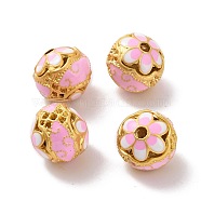 Hollow Alloy Beads, with Enamel, Rondelle with Flower, Matte Gold Color, Pink, 14x13mm, Hole: 2.5mm(ENAM-L039-20MG-01)
