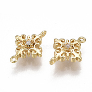 Brass Links connectors, with Cubic Zirconia, Flower, Clear, Nickel Free, Real 18K Gold Plated, 13x10x3.5mm, Hole: 0.8mm(X-KK-T038-63G)