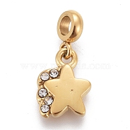 Ion Plating(IP) 304 Stainless Steel Charms, with Rhinestone and Tube Bails, Star, Crystal, Golden, 14.5mm, Pendant: 9.2x7x2mm, Hole: 2.5mm(STAS-F259-046G)