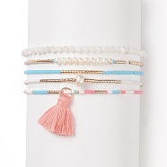 Glass Seed Beads Stretch Bracelet Sets, Pearl & Polycotton Tassel Charm Bracelets for Women, Mixed Color, Inner Diameter: 2~2-1/8 inch(5~5.5cm), 5pcs/set(BJEW-JB08955)
