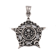 304 Stainless Steel Pendants, Star with Skull Charm, Antique Silver, 43.5x40x4mm, Hole: 8x3.5mm(STAS-K283-14AS)