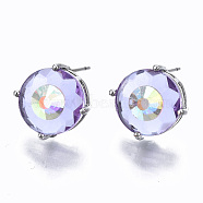 Brass Stud Earrings, with Glass and Steel Pins, Flat Round, Platinum, Lilac, 14mm, Pin: 0.6mm(GLAA-S193-039B-P)