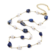 Natural Lapis Lazuli Nuggets Link Chain Necklaces, 316 Surgical Stainless Steel Jewelry for Women, Real 18K Gold Plated, 18.66~20.94 inch(47.4~53.2cm)(NJEW-H041-06G-03)