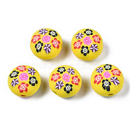 Handmade Polymer Clay Beads, for DIY Jewelry Crafts Supplies, Flat Round with Flower, Yellow, 12x8.5mm, Hole: 1.6mm(CLAY-N008-026G)