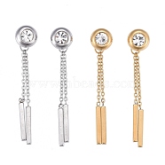 304 Stainless Steel Chain Tassel Earrings, with Ear Nuts and Cubic Zirconia, Bar & Flar Round, Mixed Color, 45mm, Pin: 0.7mm(EJEW-I248-25)
