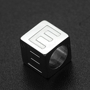 201 Stainless Steel European Beads, Large Hole Beads, Horizontal Hole, Cube, Stainless Steel Color, Letter.E, 7x7x7mm, Hole: 5mm(STAS-N090-LA062-E)