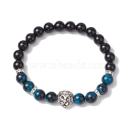 8mm Round Dyed Natural Tiger Eye & Black Onyx Beaded Stretch Bracelets, Lion Alloy Link Bracelets for Women Men, Blue, Inner Diameter: 2-1/8 inch(5.5cm)(BJEW-TA00516-01)