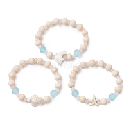 3 Pcs Synthetic Turquoise & Wood & Glass Beaded Stretch Bracelets for Boys Girls, Starfish/Tortoise/Dolphin, Pink, Inner Diameter: 1-3/4 inch(4.4cm)(BJEW-JB11129)