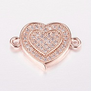 Brass Micro Pave Cubic Zirconia Links, Clear, Heart, Rose Gold, 12.5x17x2mm, Hole: 1mm(ZIRC-E150-07RG)