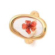 Oval Ion Plating(IP) 304 Stainless Steel Open Cuff Rings for Women, with Epoxy Resin & Dried Flower inside, Golden, 22.5mm, Adjustable(RJEW-Z052-10G)