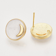 Brass Stud Earring Findings, with Enamel and Loop, Flat Round with Moon, Real 18K Gold Plated, Nickel Free, Creamy White, 14x4mm, Hole: 1mm, Pin: 1mm(KK-N216-37G-03-NF)