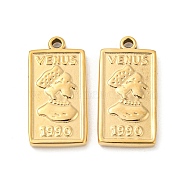 304 Stainless Steel Pendants, Rectangle with Venus & 1990 Charm, Real 14K Gold Plated, 25x13x2.5mm, Hole: 1.6mm(STAS-L022-210G)