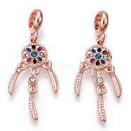 Alloy European Dangle Charms, with Rhinestone, Large Hole Pendants, Woven Net/Web with Feather, Platinum, Rose Gold, 44mm, Hole: 4mm(MPDL-S066-073RG)
