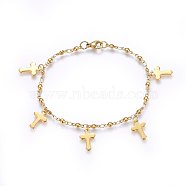 304 Stainless Steel Charm Bracelets, with Lobster Claw Clasps, Cross, Golden, 8-1/4 inch(21cm), 3mm(BJEW-H579-05G)