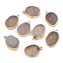 Natural Agate Pendants, with Light Gold Plated Brass Edge & Iorn Loops, Gold Powder, Dyed & Heated, Oval with Star Charm, Rosy Brown, 23~24x15~16.5x4~6.5mm, Hole: 1.6mm(G-N326-155E)