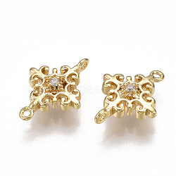 Brass Links connectors, with Cubic Zirconia, Flower, Clear, Nickel Free, Real 18K Gold Plated, 13x10x3.5mm, Hole: 0.8mm(X-KK-T038-63G)