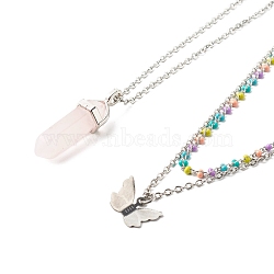 Bullet and Butterfly Pendant Necklaces Set for Women Gift, with Natural Rose Quartz Beads and 304 Stainless Steel Findings, Stainless Steel Color, 14.88~18.03 inch(37.8~45.8cm), 2pcs/set(NJEW-JN03652)