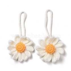 Handmade Crochet Cotton Daisy Decoration, with Lanyard, for DIY Bag, Car and Keychain, White, 85x85x12.5mm(HJEW-WH0051-01)