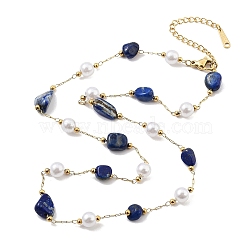 Natural Lapis Lazuli Nuggets Link Chain Necklaces, 316 Surgical Stainless Steel Jewelry for Women, Real 18K Gold Plated, 18.66~20.94 inch(47.4~53.2cm)(NJEW-H041-06G-03)