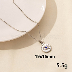 Stylish Stainless Steel Rhinestones Flat Round with Evil Eye Pendant Necklace, Hip-hop Street Fashion(QQ6499-7)