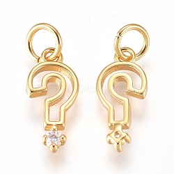 Brass Punctuation Charms, with Micro Pave Cubic Zirconia and Jump Rings, Question Mark, Clear, Golden, 11x5x1.5mm, Hole: 2.6mm(ZIRC-L070-84G)