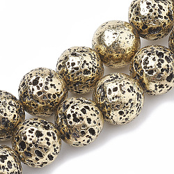 Electroplated Natural Lava Rock Beads Strands, Round, Light Gold Plated, 8~9mm, Hole: 1mm, about 46pcs/strand, 14.76 inch(X-G-N0321-14A)