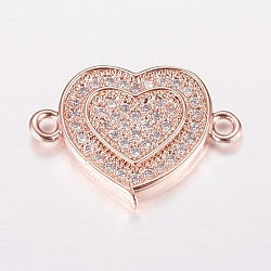 Brass Micro Pave Cubic Zirconia Links, Clear, Heart, Rose Gold, 12.5x17x2mm, Hole: 1mm(ZIRC-E150-07RG)