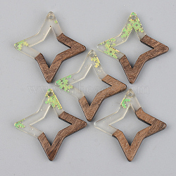 Transparent Resin & Walnut Wood Pendants, with Paillette/Sequin, Star with Snowflake, Green Yellow, 29.5x29.5x3mm, Hole: 2mm(RESI-S389-028A-D01)
