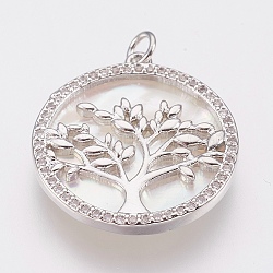 Brass Micro Pave Cubic Zirconia Pendants, with White Shell, Lead Free & Cadmium Free, Flat Round with Tree of Life, Platinum, 24x22x3mm, Hole: 2.5mm(ZIRC-F083-005P-RS)