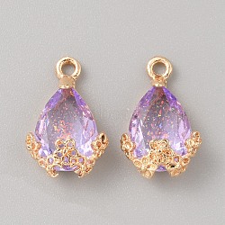 Resin Teardrop Pendants, Faceted, Golden Plated Alloy Flower Drop Charms, Medium Orchid, 19.5~20x13x7.5mm, Hole: 2mm(RESI-WH0035-55I)