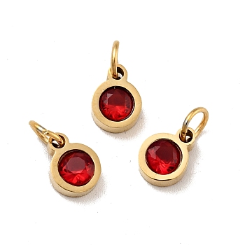 Vacuum Plating 304 Stainless Steel Pendants, with Cubic Zirconia and Jump Rings, Single Stone Charms, Flat Round, Golden, Dark Red, 7.5x5.5x2.5mm, Hole: 3.6mm