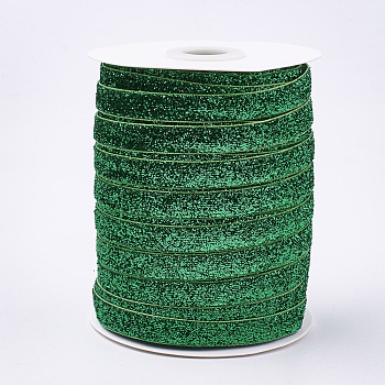 Glitter Sparkle Ribbon, Polyester & Nylon Ribbon, Green, 3/8 inch(9.5~10mm), about 50yards/roll(45.72m/roll)