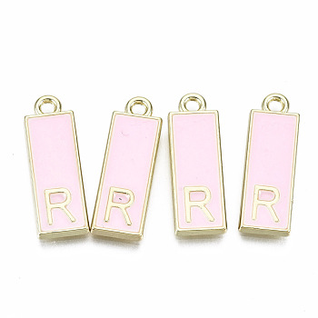 Alloy Enamel Pendants, Cadmium Free & Lead Free, Rectangle with Initial Letters, Light Gold, Letter.R, 23.5x8x2mm, Hole: 1.8mm