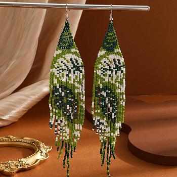 Bohemian Style Green Tassel Dangle Earrings, with Leaf Pattern Glass Beads, Green, 185x32mm